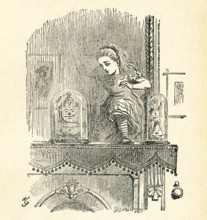 This illustration of Alice poking poke the looking glass (mirror) and seeing an old man in the