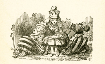 This illustration of Alice  with the two sleepingqueens, the White Queen and the Red Queen, is from