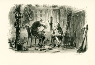 Th caption for this illustration that dates to around 1865 reads: Supper over, the father would