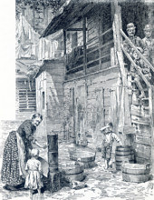 This late 19th-century illustration showsa tenement house backyard in the rear of Mulberry Street,