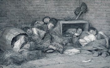 This late 19th-century illustration shows supperless and homeless street boys sleeping out at night