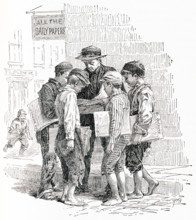 This late 19th-century illustration shows paperboys in New York City. The caption reads:""Getting