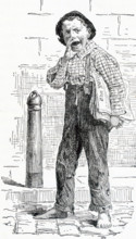 This late 19th-century illustration shows a paperboy in New York City. The caption reads: