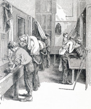 This late 19th-century illustration shows homeless boys in a washroom in New York City. The caption