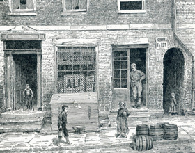 This late 19th-century illustration shows Entrance to a Tenement House and Alley near the Water