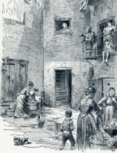 This late 19th-century illustration shows a typical tenement house backyard in New York City. It is