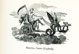 This illustration shows the Roman god of agriculture Saturn with his scythe in his chariot pulled