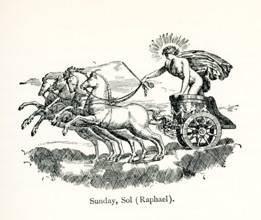 This illustration shows the Roman sun god Sol in his chariot pulled by four horses. It dates to