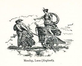 This illustration shows the roman moon goddess Luna in her chariot being pulled by two women. It