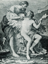 This illustration of Daedalus and Icarus was done by J M Virn. In Greek mythology, Daedalus (left)