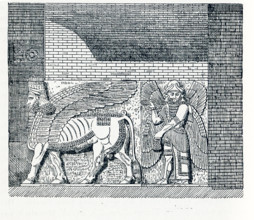 This illustration dates to around 1898 and shows a scene from Assyrian mythology. At right is a