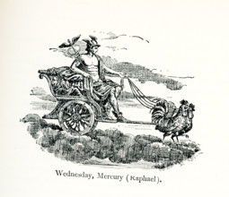 This illustration shows the Roman messenger Mercury in his chariot pulled by two roosters. It dates