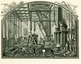 This illustration dates to the 1870s and shows a foundry, a workshop or factory for casting metal,