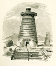 This illustration dates to the 1870s and shows a blast furnace in Great Britain, where the enormous