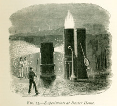 This illustration dates to the 1870s and shows experiments at Baxter House at producing steel. On