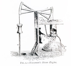 This 1870s illustration shows how Newcomen's Steam Engine worked. English inventor Thomas Newcomen