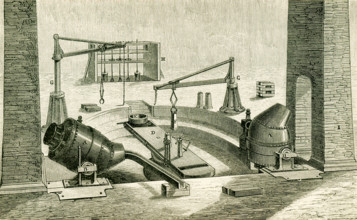 This illustration dates to the 1870s and shows the apparatur for making Bessemer steel. The