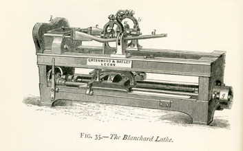 This illustration dates to the 1870s and represents a Blanchard's lathe, very elegantly constructed