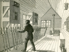 This illustration dates to the 1870s and shows the signal box on the North London Railway. The