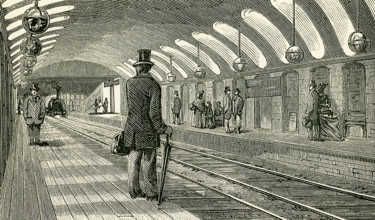 This illustration dates to the 1870s and shows the Gower Street Train Station in England in the