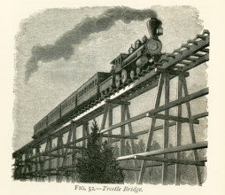 This illustration dates to the 1870s and shows a trestle bridge that is part of the rail line of