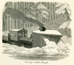 This illustration dates to the 1870s and shows a snow plough (plow) clearing snow on a train track