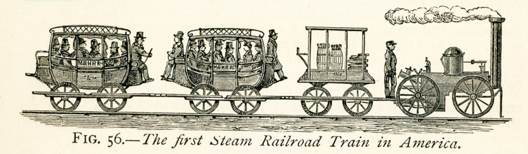 This illustration dates to the 1870s and shows the first steam railroad in America - the United