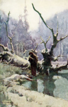 This illustration dates to the early 1900s and shows a witch and a lady in the woods. The scene is