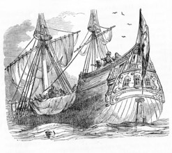 This illustrations dates to around 1846 and shows Columbus about to land in Hispaniola. In