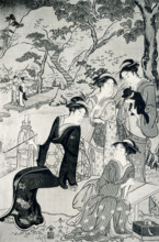 The caption of this print reads, Shunzan: Centre sheet of triptych. A group of a ladies in a garden