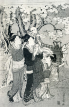 The caption for this image reads, Toyohiro: Left-hand sheet of a triptych. Two ladies and children