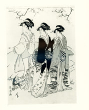 This 1920 image shows: Two ladies and their maid passing along under a maple tree. It is signed by