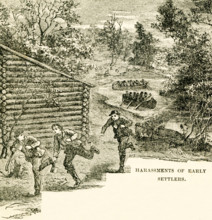 The Caption reads: Harrassment of Early Settlers. It details Native Americans attacking