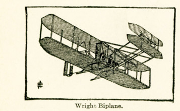 This illustration of Wright's biplane dates to the early 1920s. Known as the Wright Flyer, it was