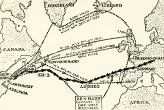 This illustration dates to the 1920s. Its caption reads: Bridging the Atlantic by Airship and