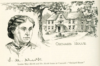 This illustration dates to the early 1920s. The caption reads: Louisa May Alcoitt and the Alcott