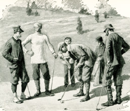 This 1897 illustration of men playing golf at a country club shows the various leg wrappings worn