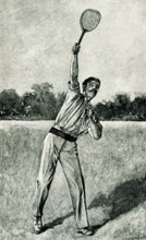 This 1897 illustration of a lawn tennis player shows him hitting what is known as a ""smash."" A