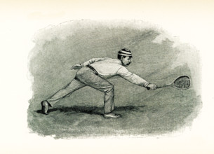 This 1897 illustration of man playing tennis shows him hitting a back-hand half volley. Backhand