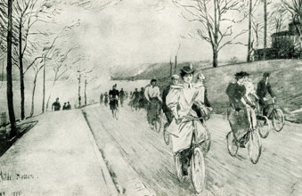 The 1897 caption for this illustration reads: The Wheel of Today, Claremont Hill - Riverside Drive