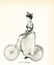 The 1897 caption for this illustration reads: The Wheel of Today,  Woman on Bicycle - Correct