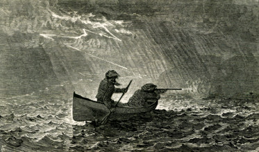 The 1869 caption reads: ""Steady there!"" The illustration shows two males in a small boat, one