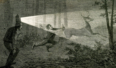 The 1869 caption reads: ""Martin, I shouted, Hang on, that's your deer. I quit all claim to him.""