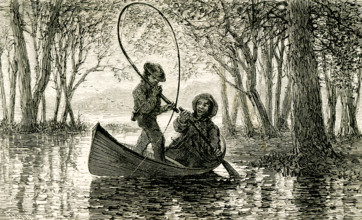 The 1869 caption reads: I lookd at John, his eyes were fastened on the rod."" The illustration