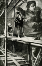 The 1912 caption reads: ""Michelangelo at work in Vatican.  None but Michelangelo could have