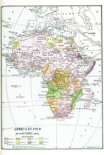 Map of Africa in 1910.  Note: The coloring shows the possessions of the different European Powers