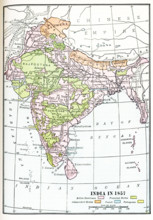 India in 1857. British dominions are in pink. Protected states in yellow. Independent states in