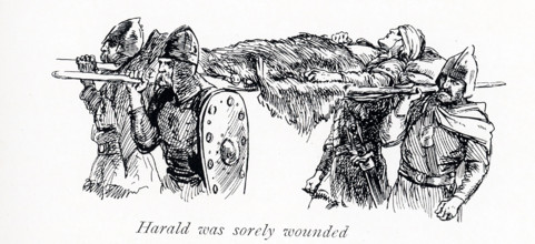 The early 1900s caption reads"" ""Harald the Hardredy was sorely wounded."" Harald Sigurdsson, also