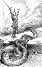 The early 1900s caption reads: Sigurd stood with his sowrd uplifted, the serpent Fafnir was dead.""