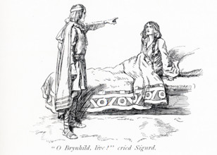 The early 1900s caption reads: ""Brynhild, live‚ cried Sigurd.""  According to legend, Sigurd found